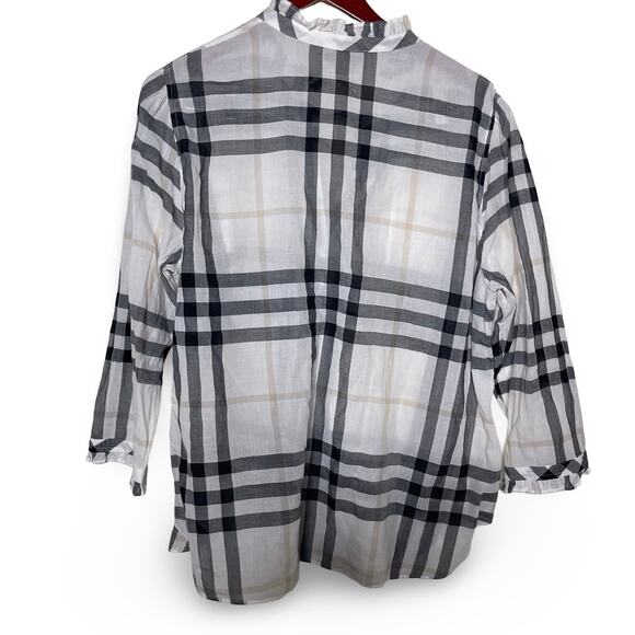 Burberry White Black Plaid Print Three-Quarter Sleeve Button-Up Top sz 12 - Picture 3 of 9
